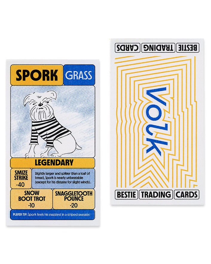 Front and Back of Riso custom trading cards. The front has a name, illustration, a bio, and attacks. The back says "Bestie Trading Cards" and "Volk" in big letters